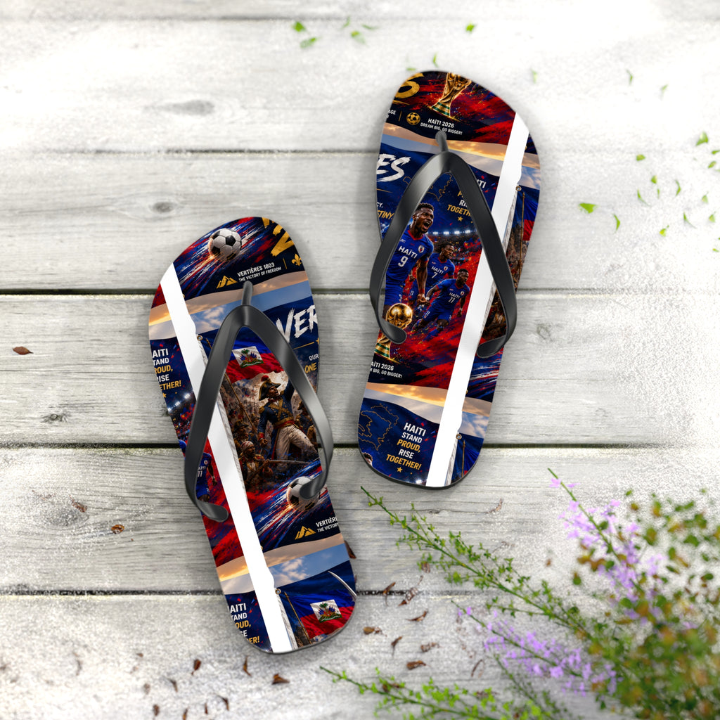 Patriotic Soccer Flip Flops — Haiti Flag & Players Beach Sandals