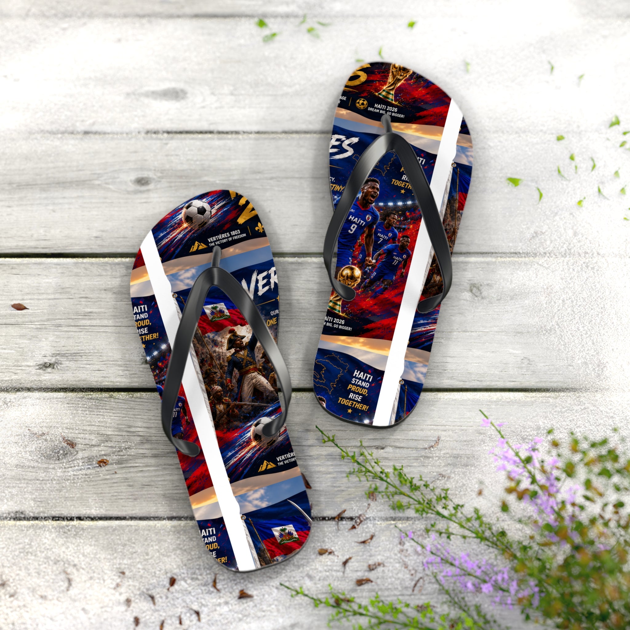 Patriotic Soccer Flip Flops — Haiti Flag & Players Beach Sandals