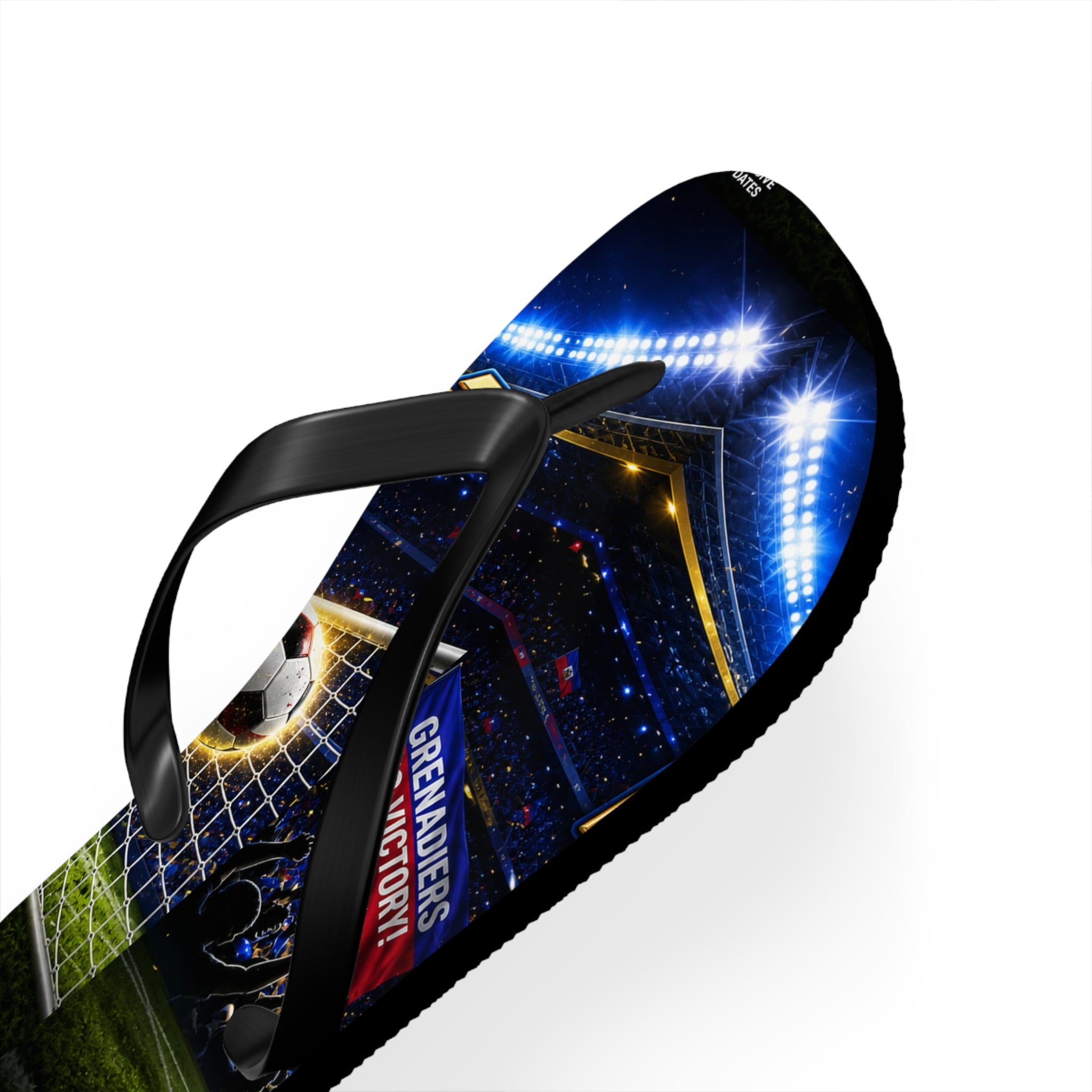 Soccer Stadium Flip Flops - 'Grenadiers to Victory' Goal Celebration Beach Sandals