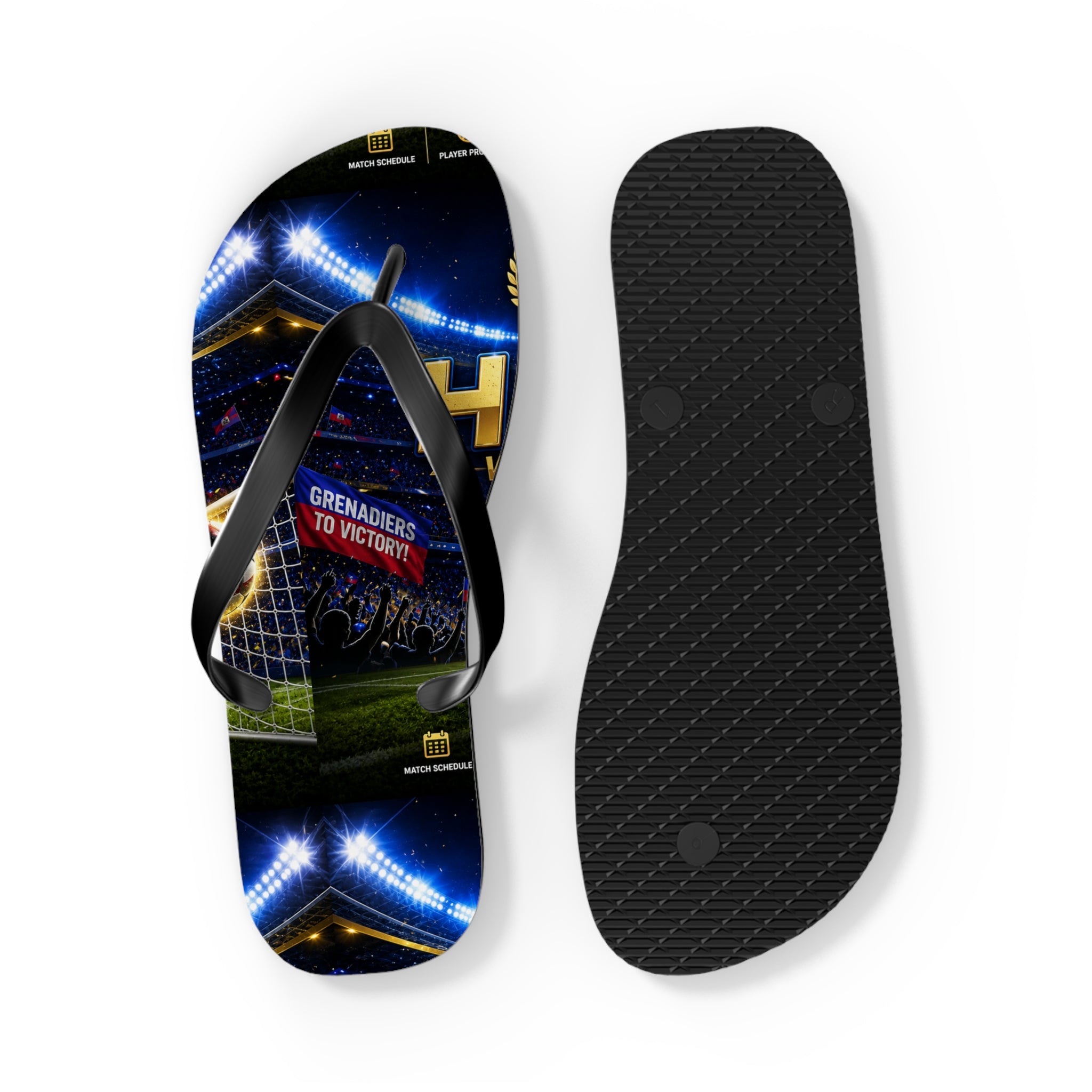 Soccer Stadium Flip Flops - 'Grenadiers to Victory' Goal Celebration Beach Sandals