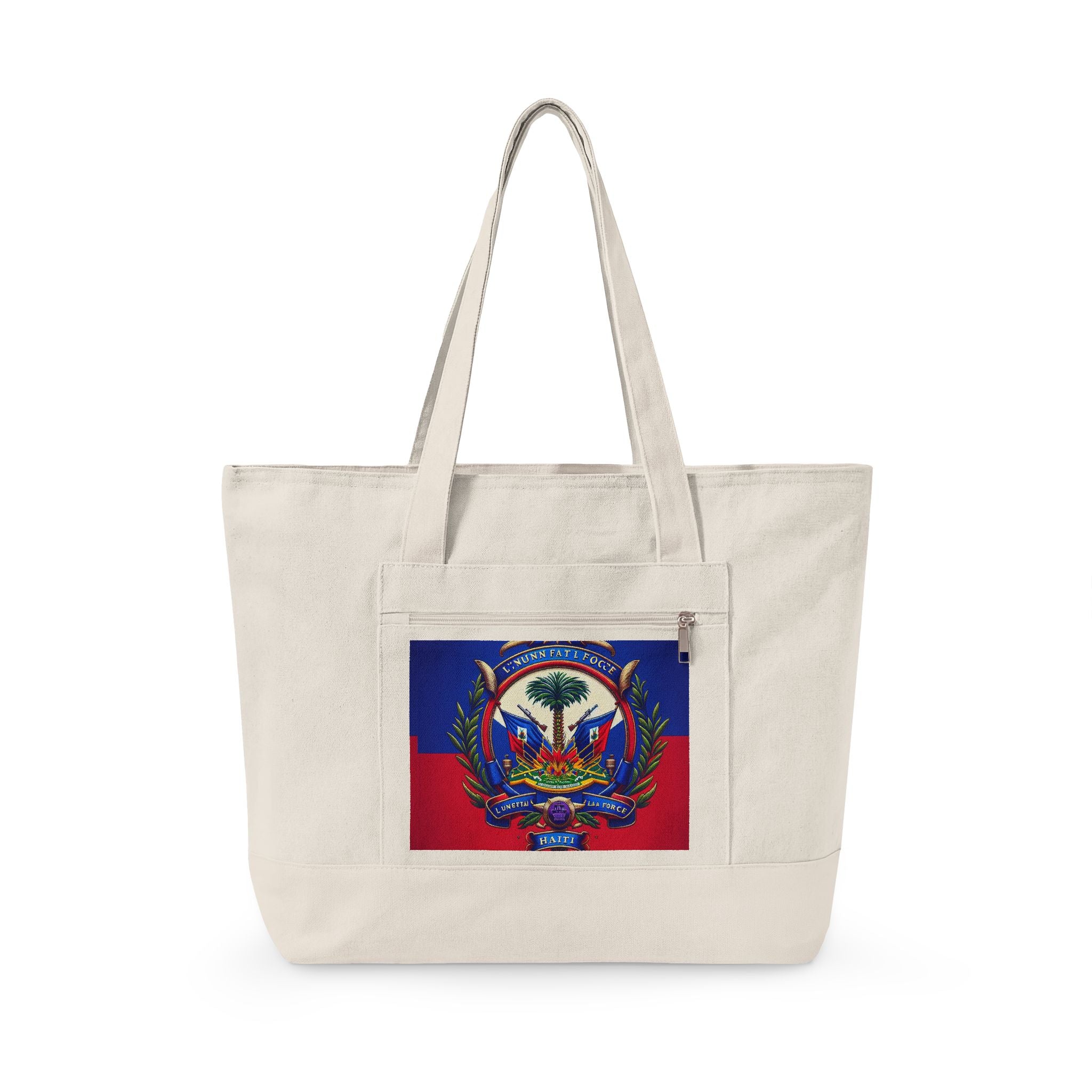 Haiti Flag Canvas Tote Bag – Zippered Travel & Market Tote with Coat of Arms Design