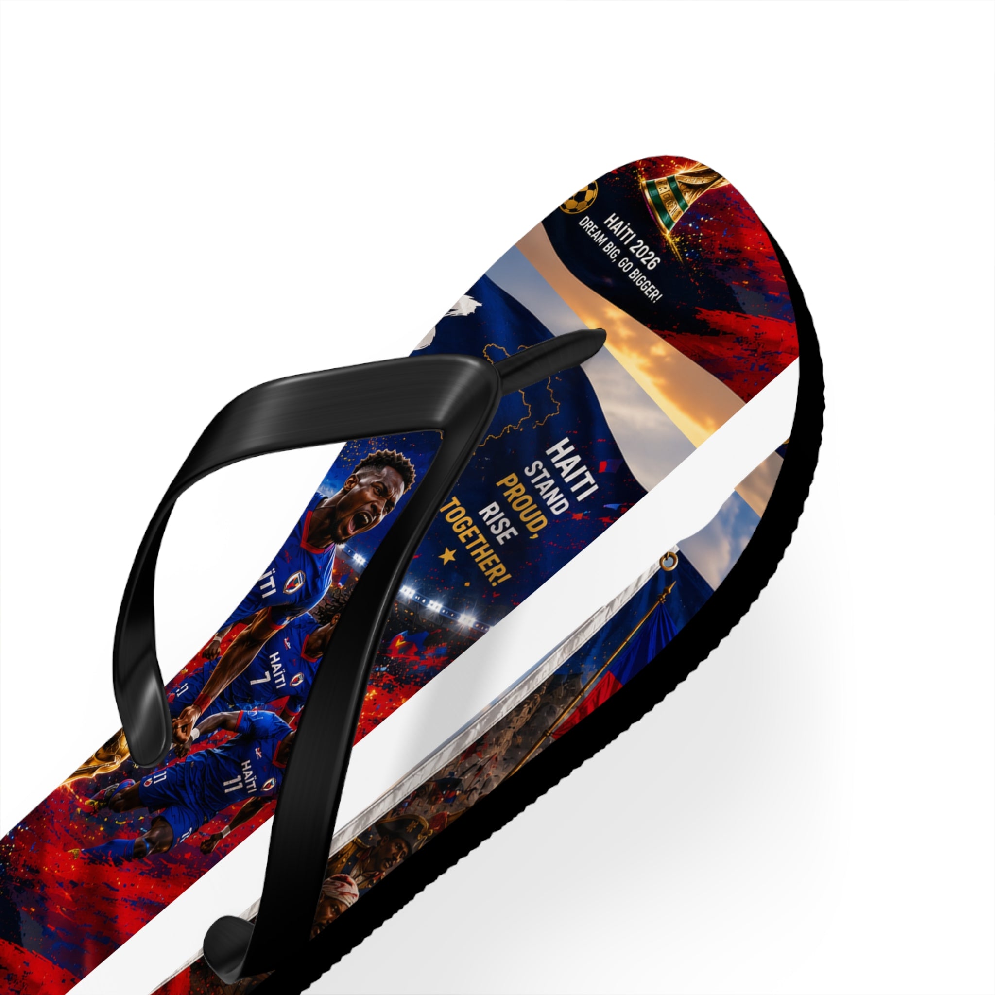 Patriotic Soccer Flip Flops — Haiti Flag & Players Beach Sandals