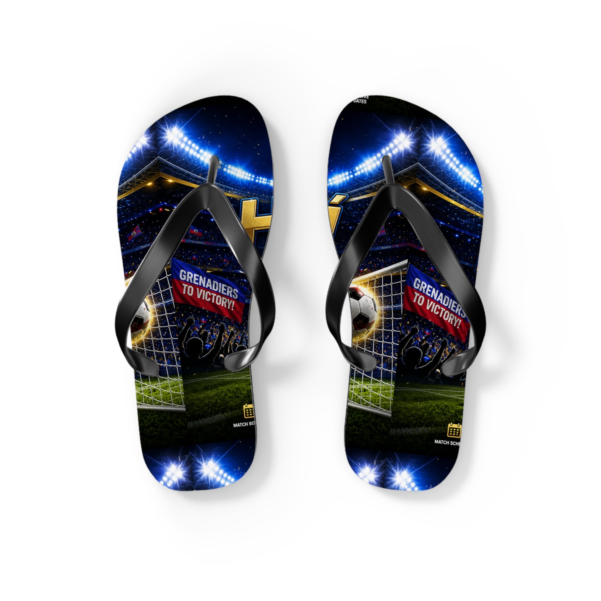 Soccer Stadium Flip Flops - 'Grenadiers to Victory' Goal Celebration Beach Sandals