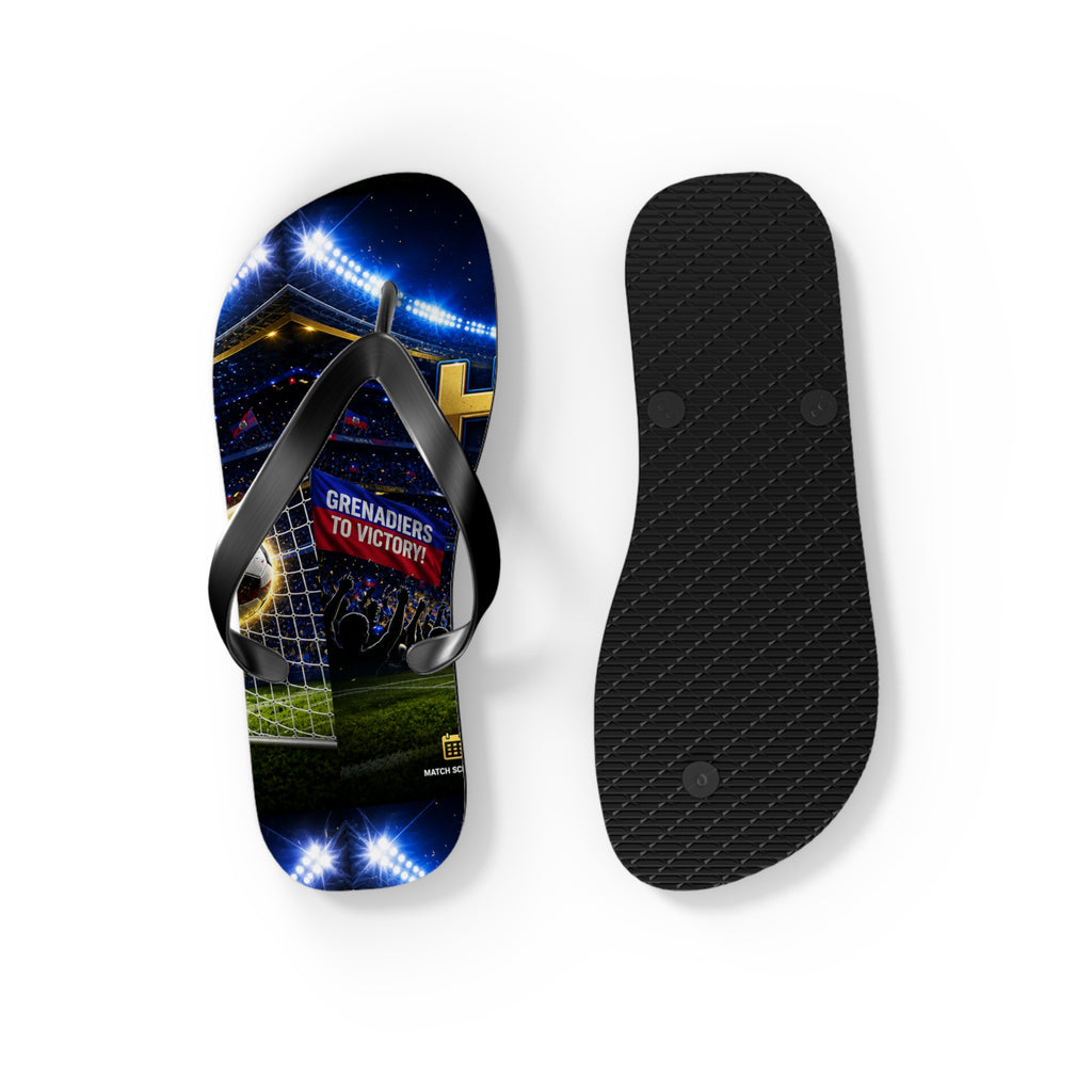 Soccer Stadium Flip Flops - 'Grenadiers to Victory' Goal Celebration Beach Sandals
