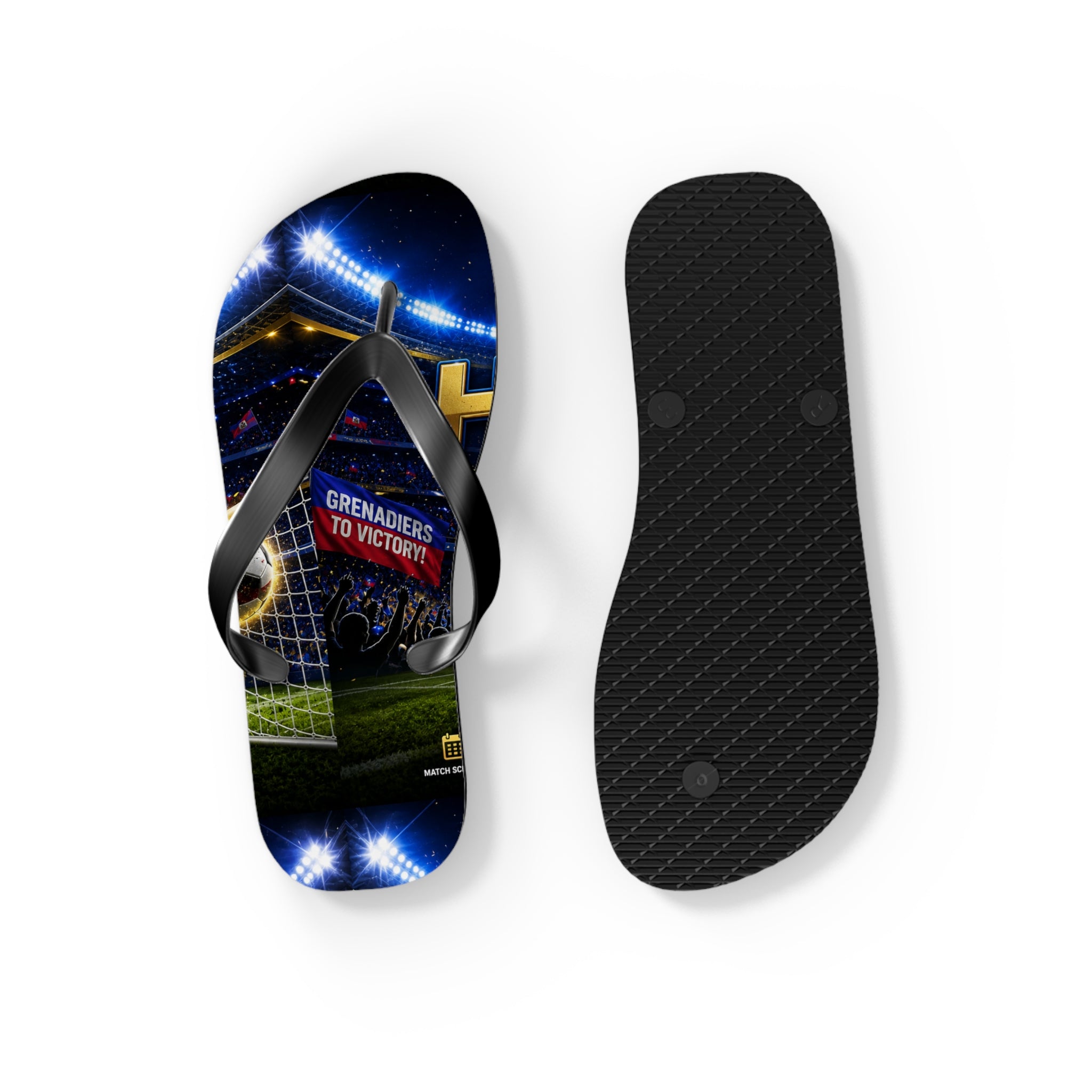 Soccer Stadium Flip Flops - 'Grenadiers to Victory' Goal Celebration Beach Sandals
