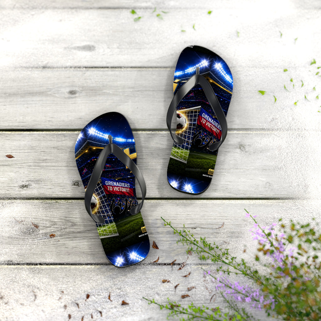 Soccer Stadium Flip Flops - 'Grenadiers to Victory' Goal Celebration Beach Sandals