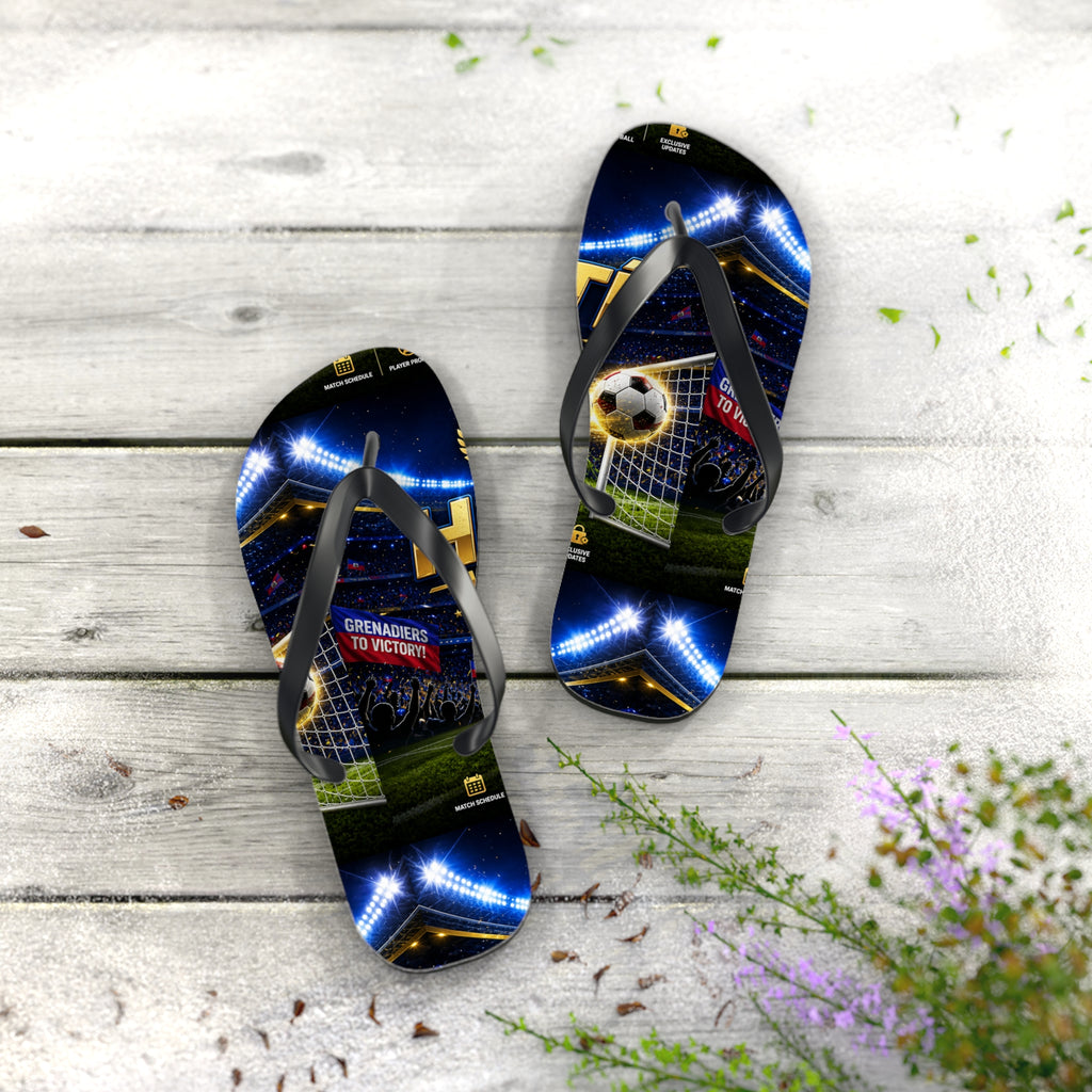 Soccer Stadium Flip Flops - 'Grenadiers to Victory' Goal Celebration Beach Sandals