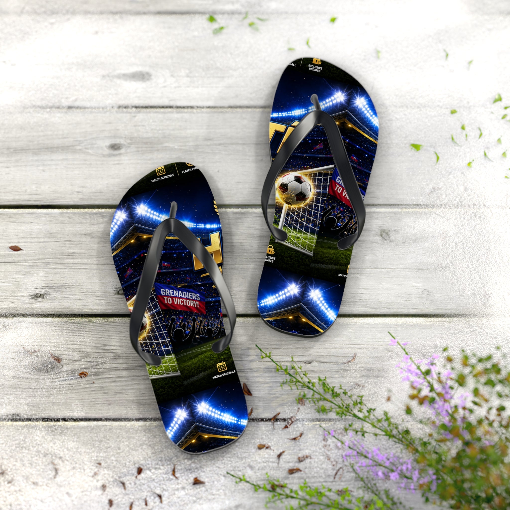 Soccer Stadium Flip Flops - 'Grenadiers to Victory' Goal Celebration Beach Sandals