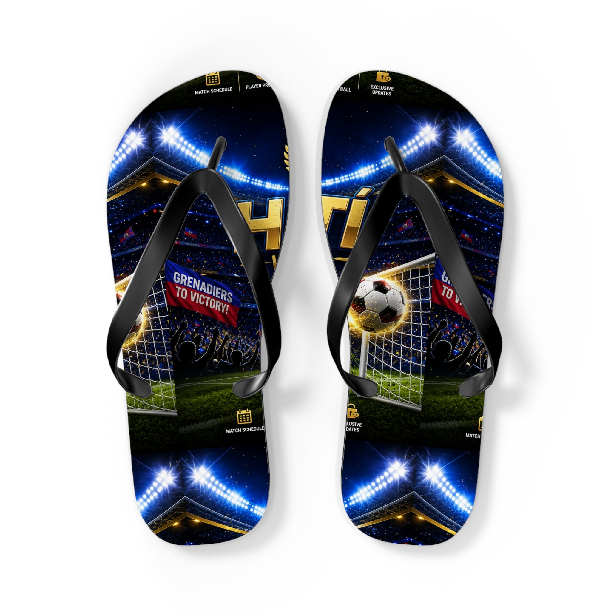 Soccer Stadium Flip Flops - 'Grenadiers to Victory' Goal Celebration Beach Sandals