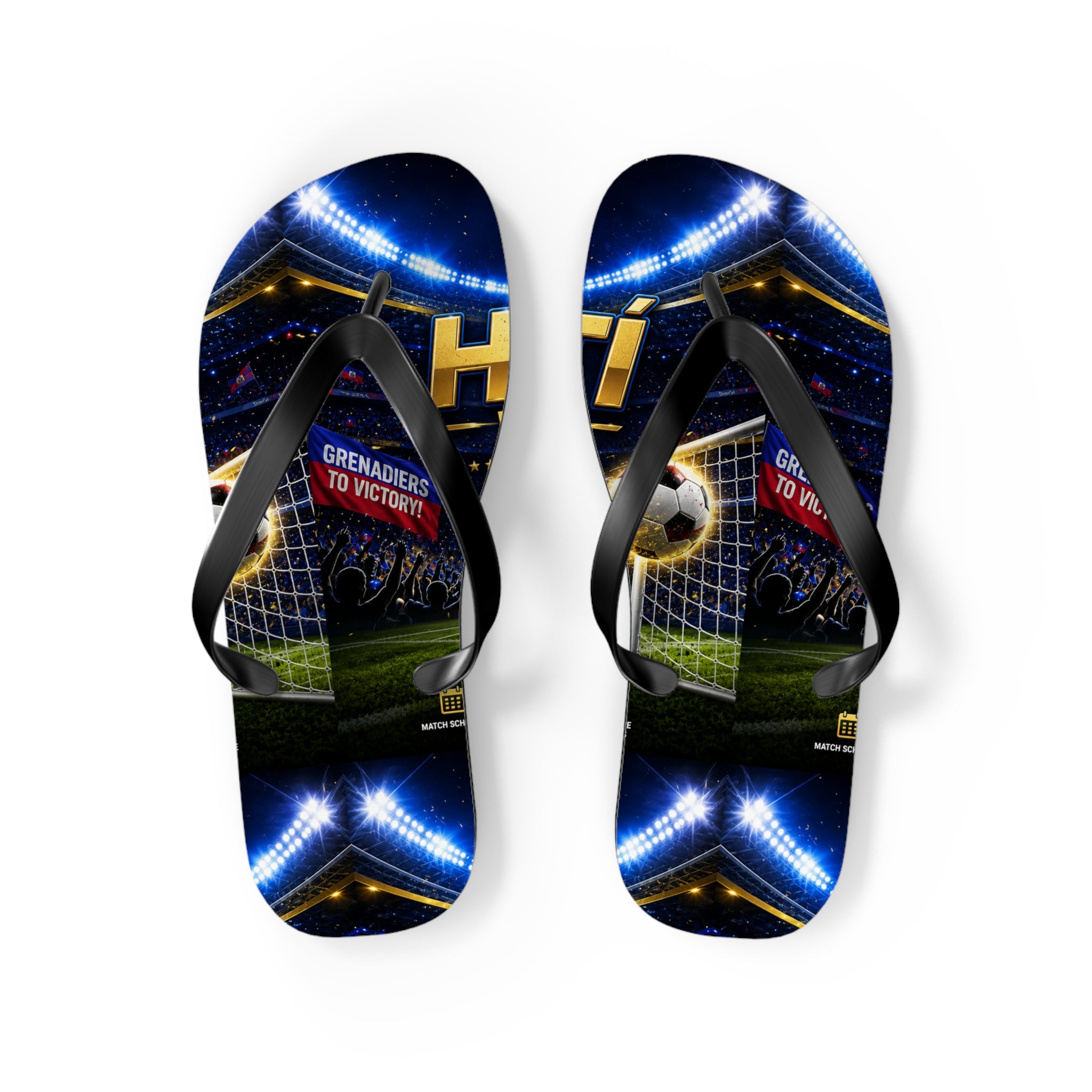 Soccer Stadium Flip Flops - 'Grenadiers to Victory' Goal Celebration Beach Sandals