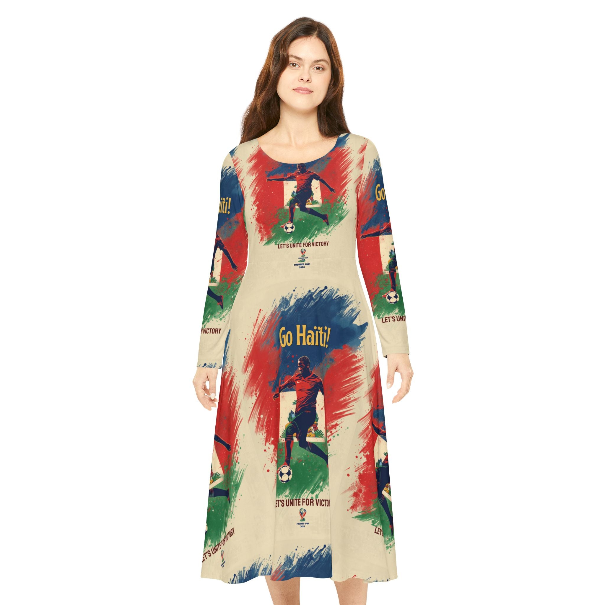 Go Haiti! Soccer Print Women's Long Sleeve Dance Dress — Patriotic Football AOP