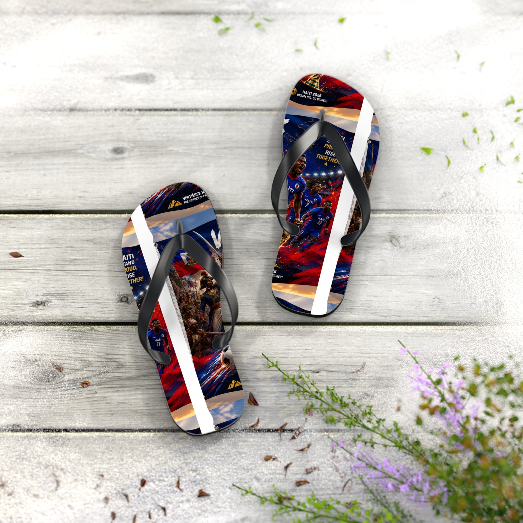 Patriotic Soccer Flip Flops — Haiti Flag & Players Beach Sandals