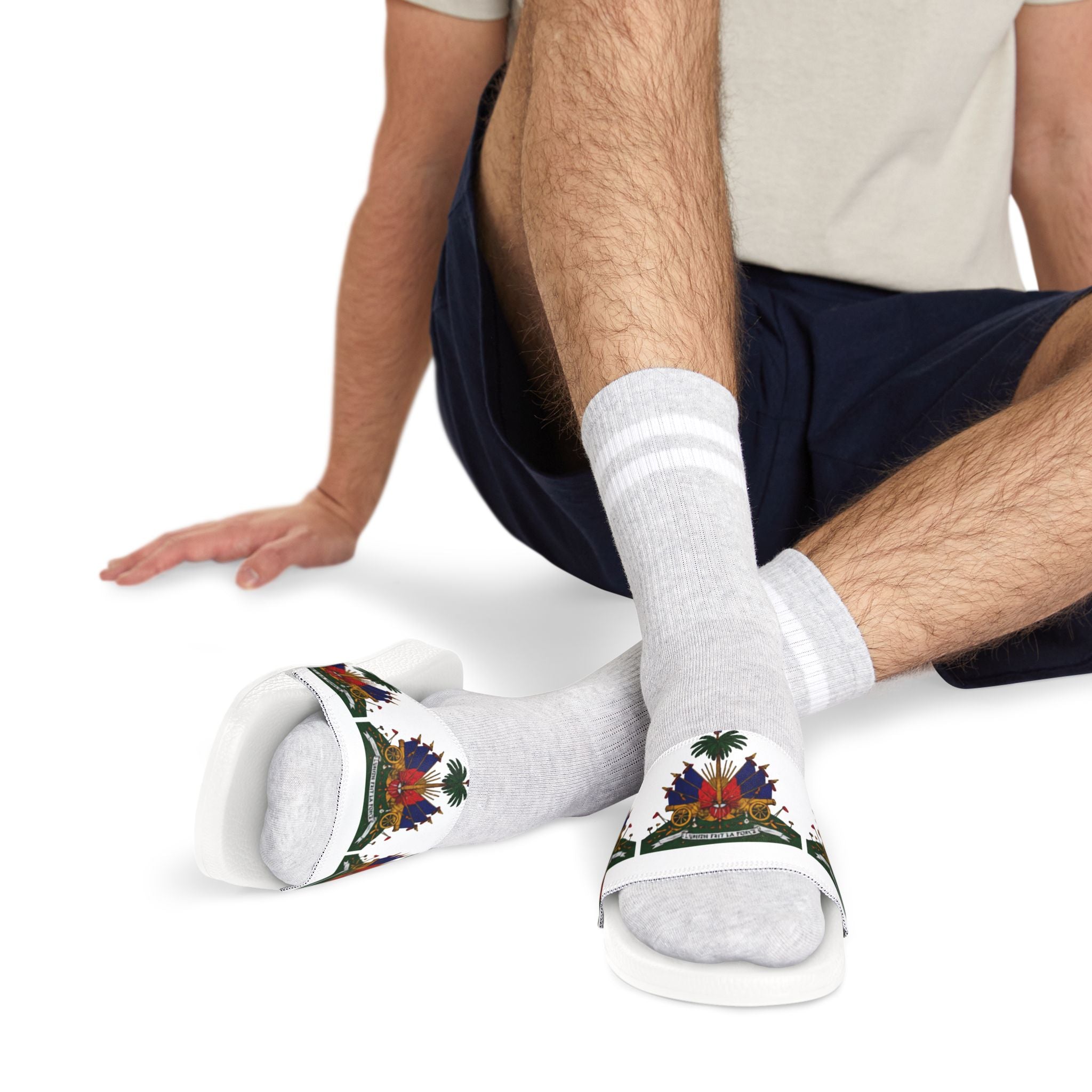Slide Sandals with Haitian Coat of Arms Design — Men’s Removable‑Strap Slides