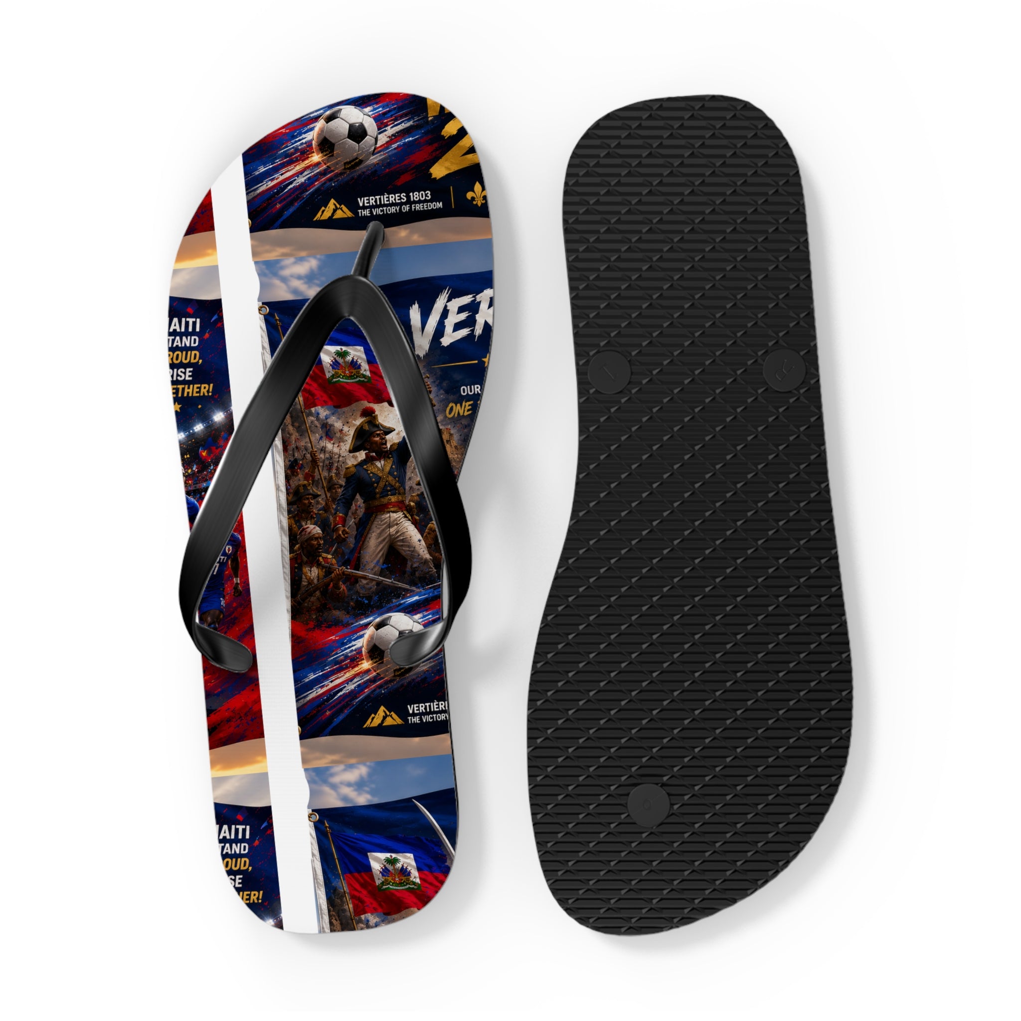 Patriotic Soccer Flip Flops — Haiti Flag & Players Beach Sandals