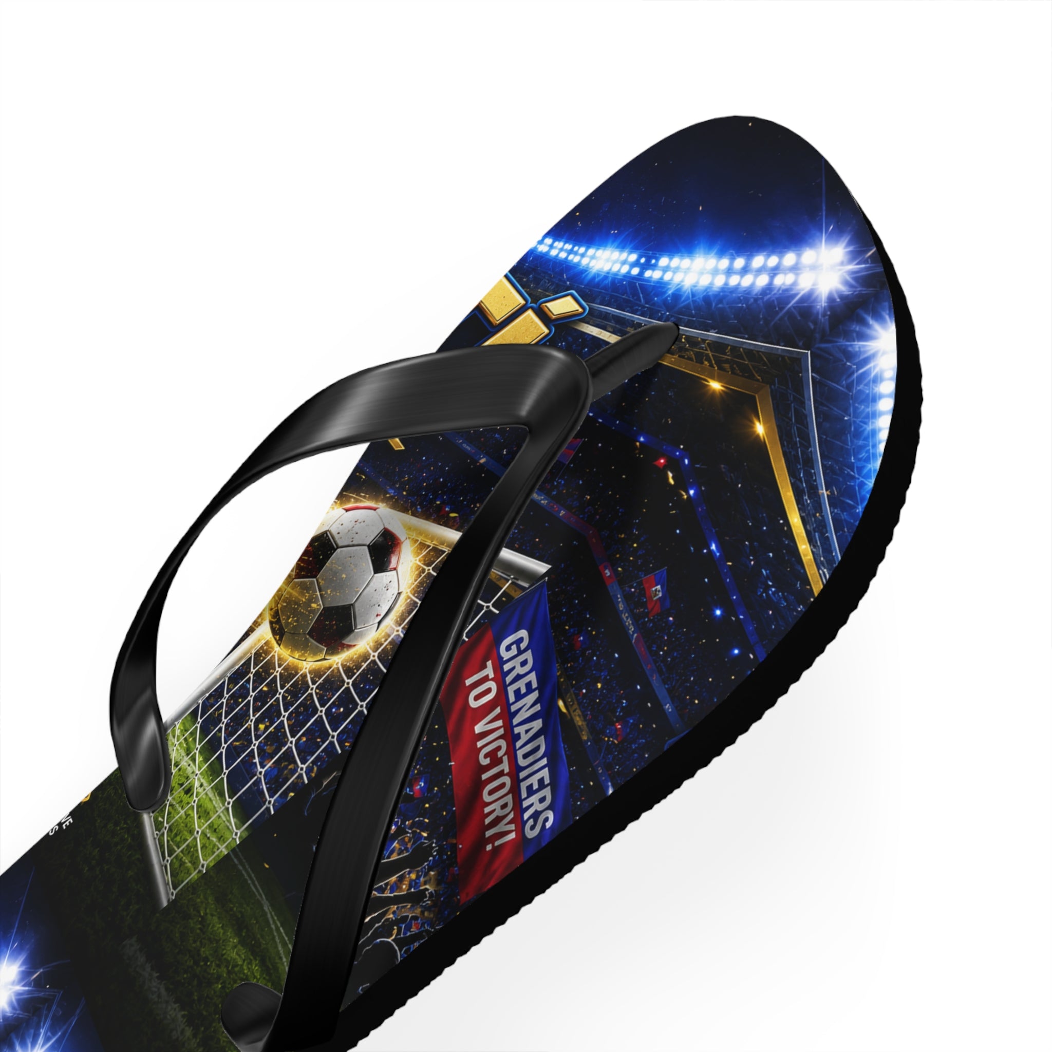 Soccer Stadium Flip Flops - 'Grenadiers to Victory' Goal Celebration Beach Sandals