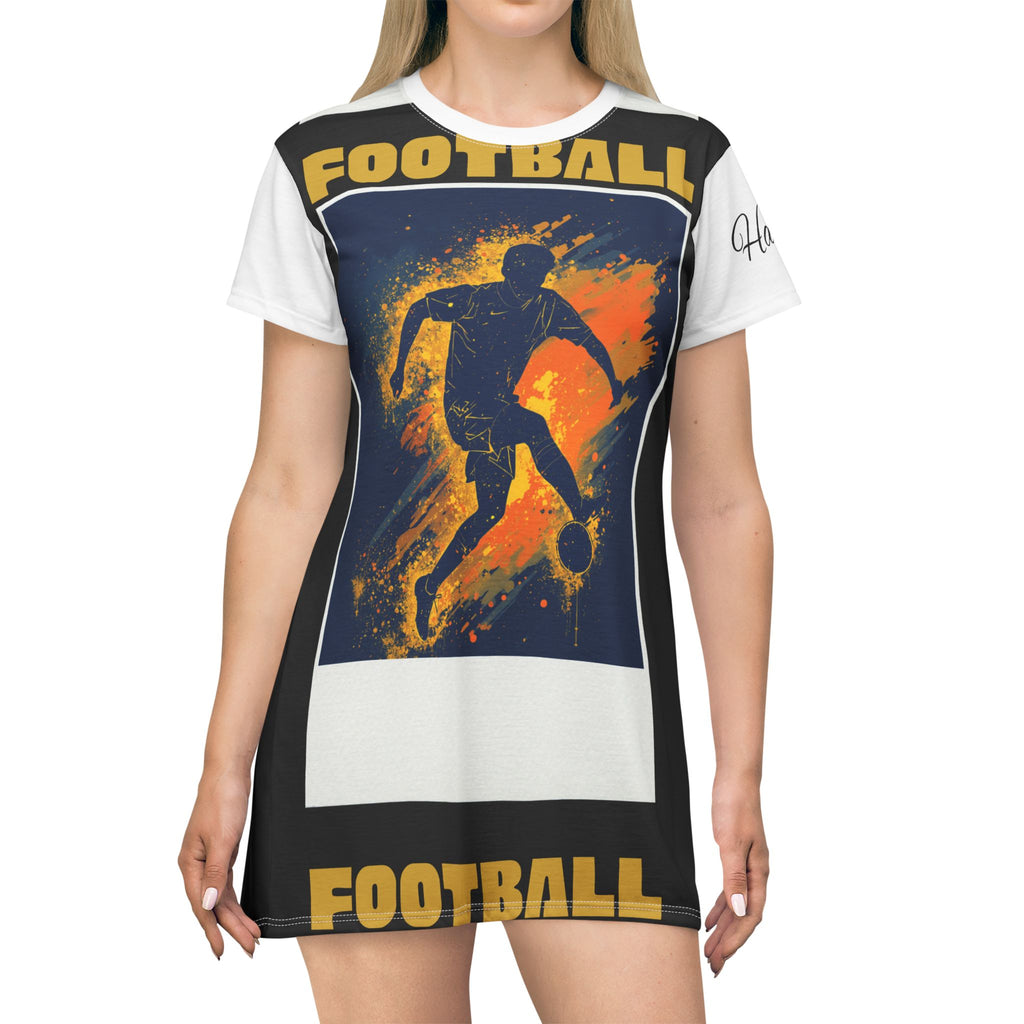 Football Graphic T-Shirt Dress — Soccer Player Silhouette Design