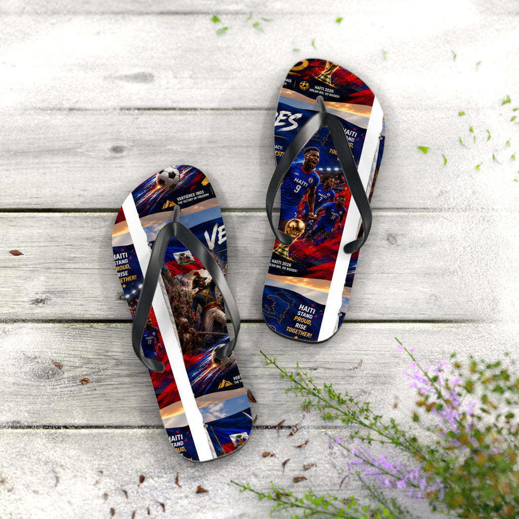 Patriotic Soccer Flip Flops — Haiti Flag & Players Beach Sandals