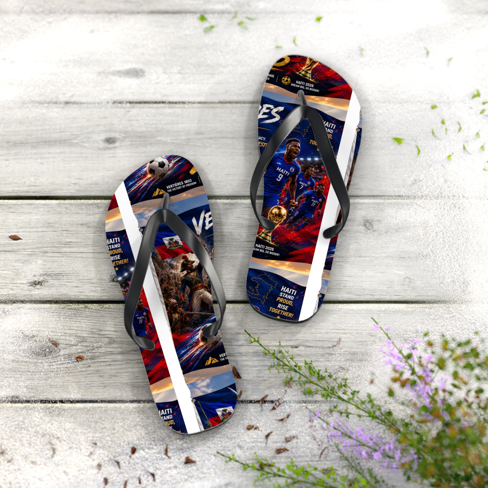 Patriotic Soccer Flip Flops — Haiti Flag & Players Beach Sandals