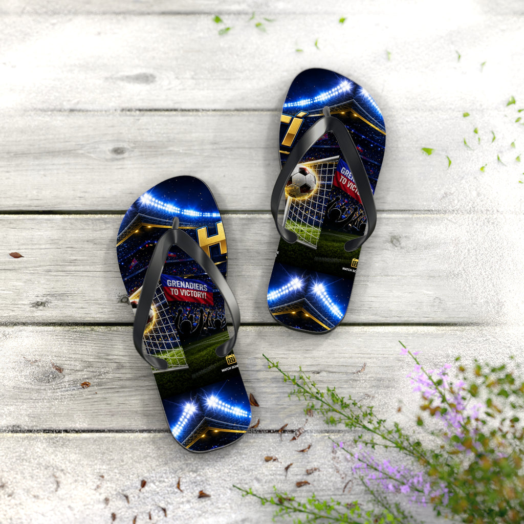 Soccer Stadium Flip Flops - 'Grenadiers to Victory' Goal Celebration Beach Sandals