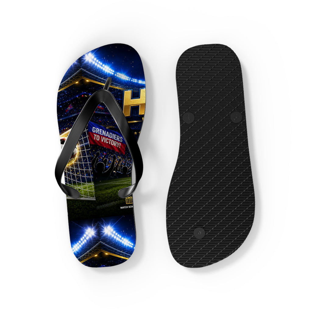Soccer Stadium Flip Flops - 'Grenadiers to Victory' Goal Celebration Beach Sandals